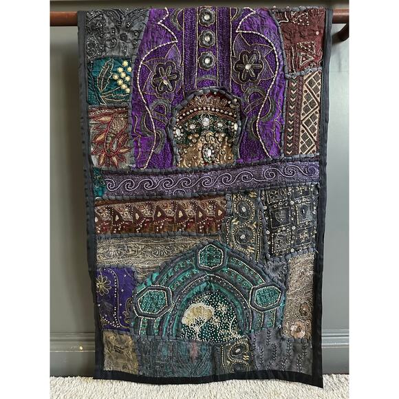 Vintage beaded tapestry wall hanging vertical dark beaded ethnic bohemian 20x60” - Picture 7 of 16